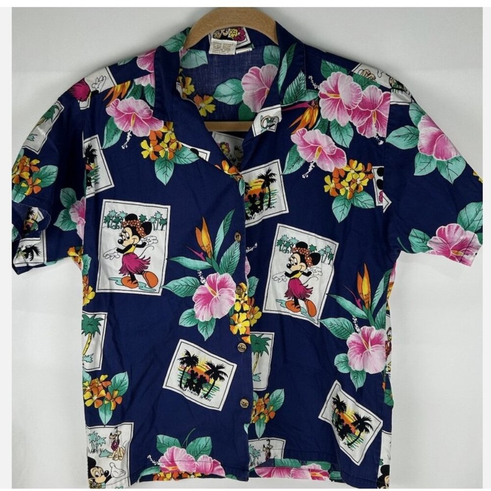 Vintage Barefoot In Paradise Disney Hawaiian Shirt Womens M Floral Mickey Minnie